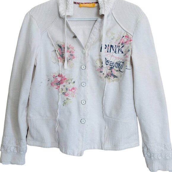 VTG Crisca Button Front White Trucker Jacket Flower Design Lace Trim  M - Picture 1 of 16